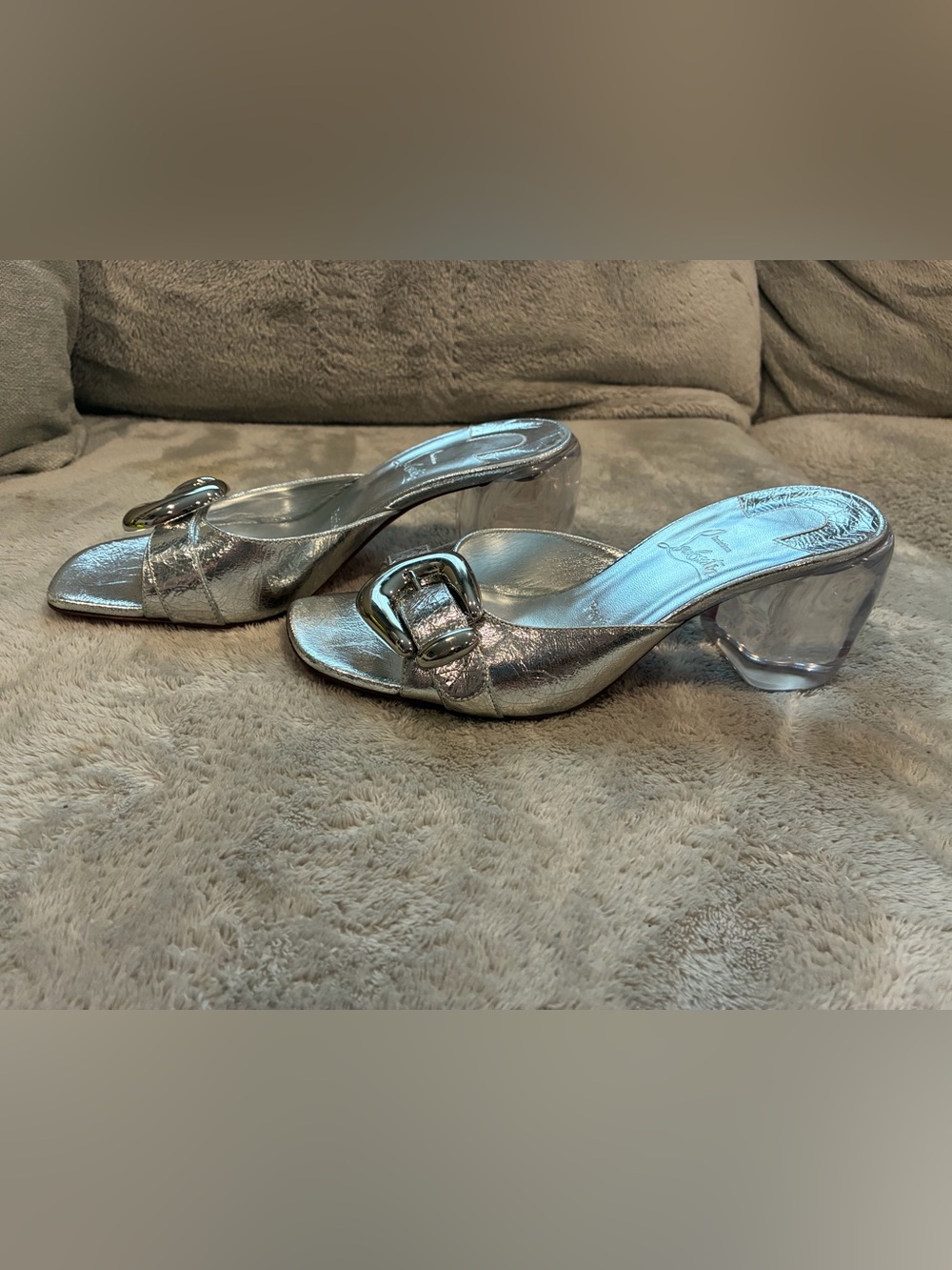 Christian Louboutin Silver Metallic Buckle Mules